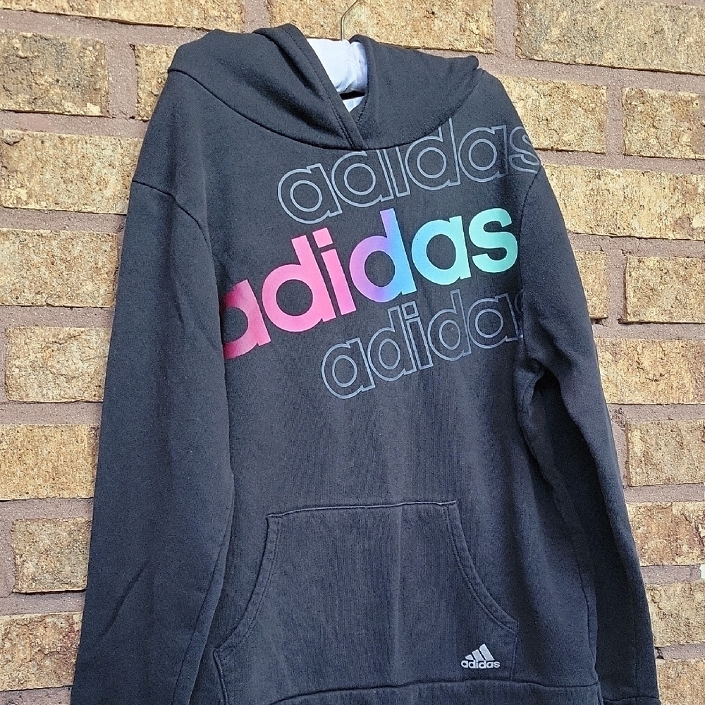 Adidas Black Hoodie with Colorful Logo Size 14 (Girl) Large Casual Cozy Athletic - Picture 4 of 7